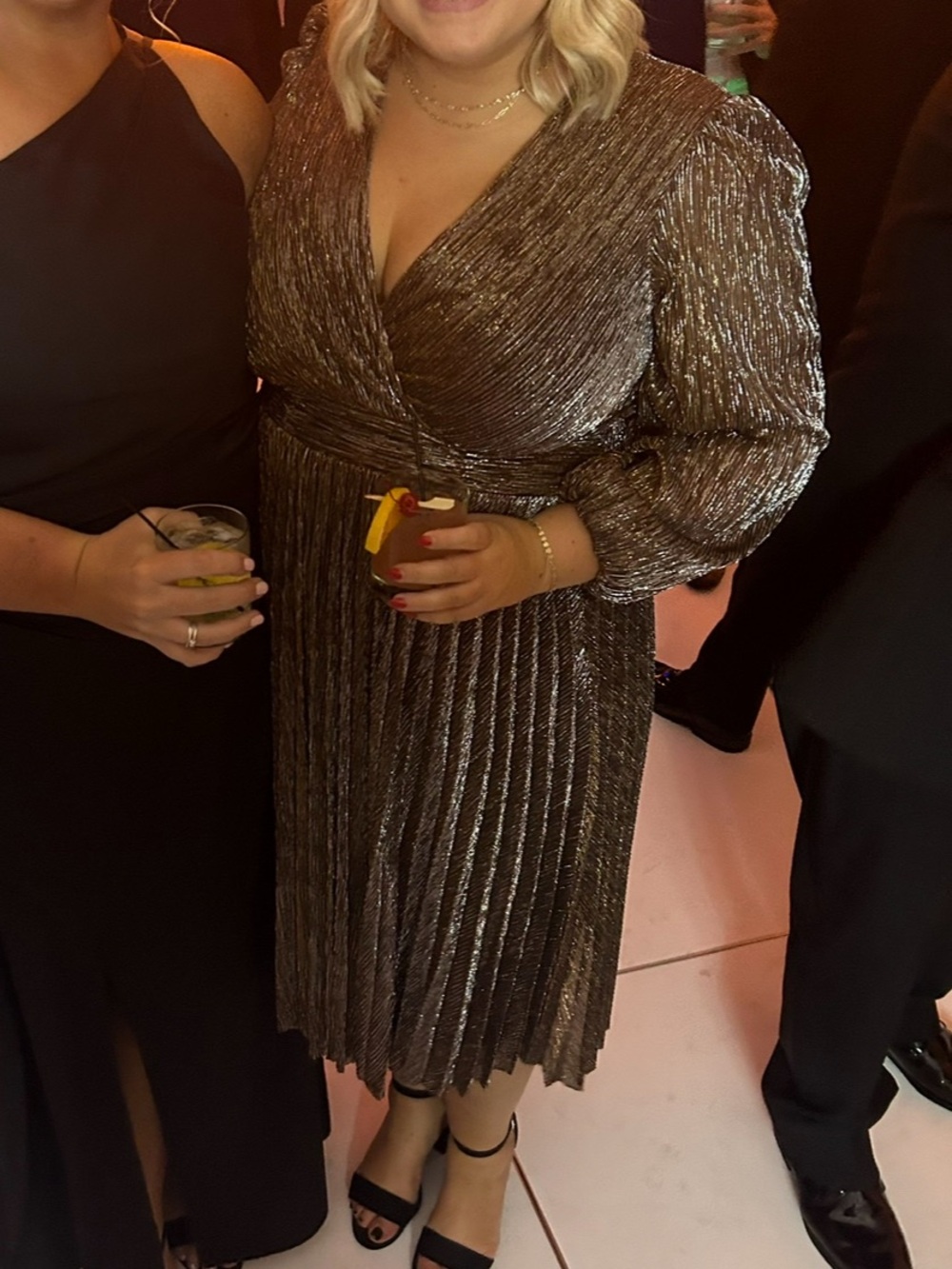Halogen Metallic Bronze Pleated V-Neck Long Sleeve Midi Dress